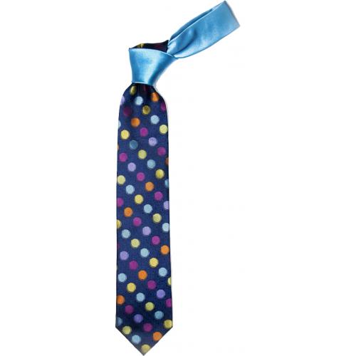 Hi-Density By Steven Land Collection HDS605 Navy Blue / Sky Blue / Black / Multi Color Polka Dot 100% Woven Silk Necktie / Hanky Set